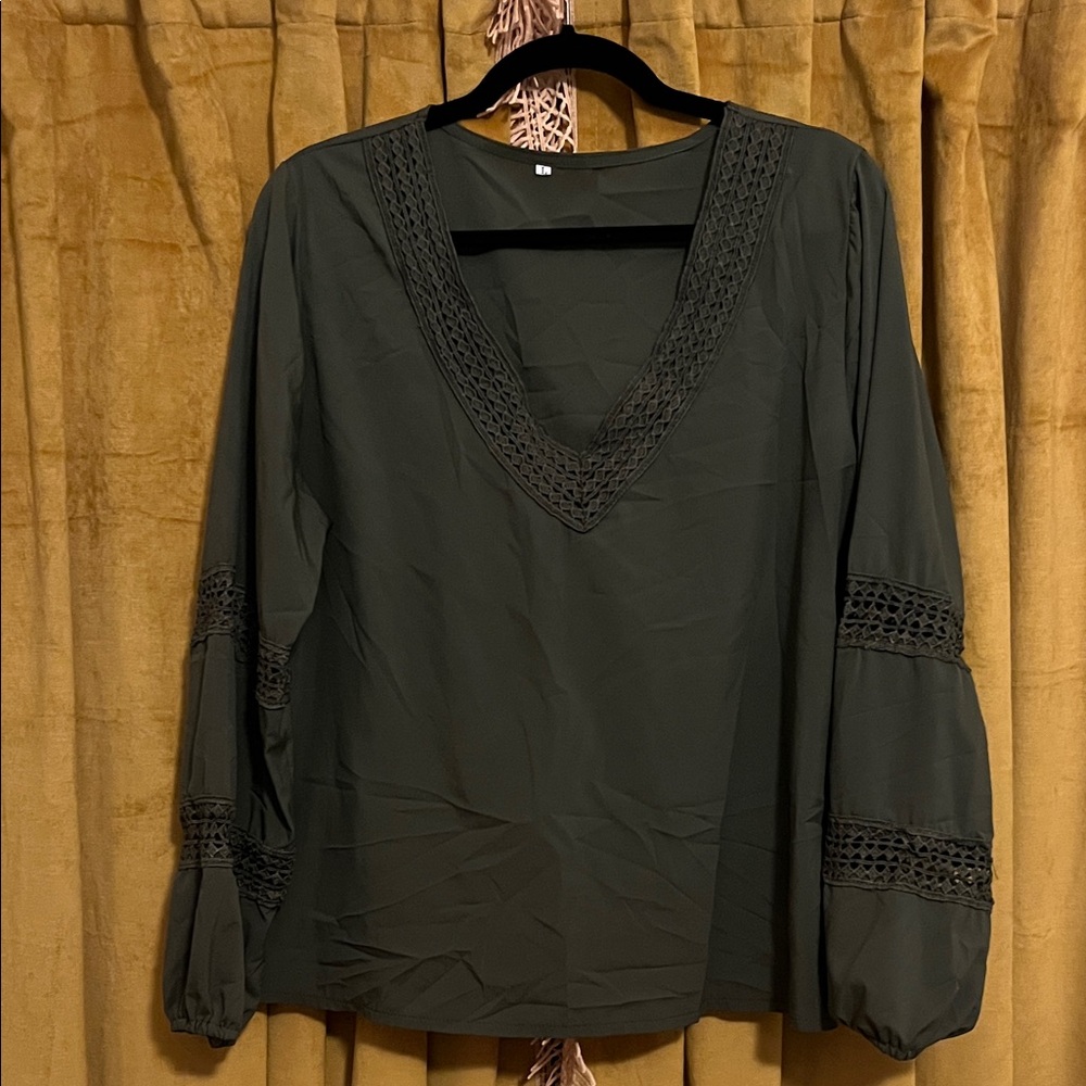 Olive Green Women's Top with Crochet Detail